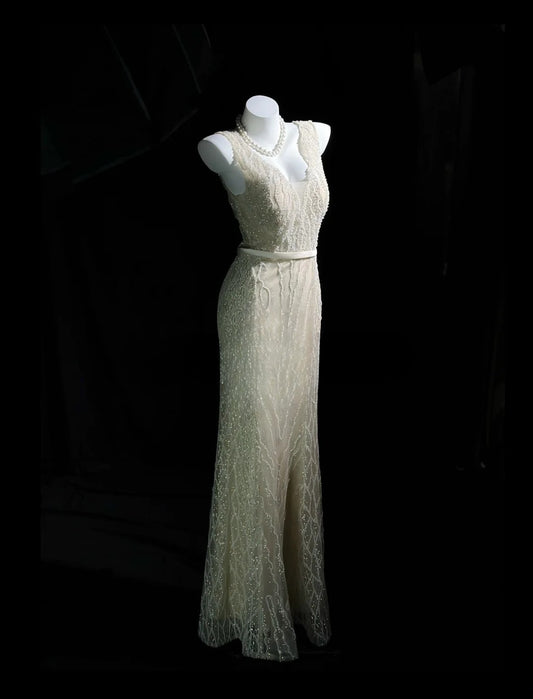 Vintage 90s Prom Dresses Mermaid V Neckline Champagne Sequined With Slit Beading Evening Dress Formal Outfits RB5878