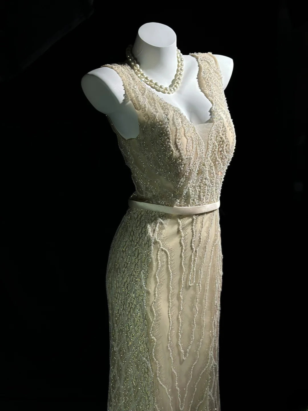 Vintage 90s Prom Dresses Mermaid V Neckline Champagne Sequined With Slit Beading Evening Dress Formal Outfits RB5878
