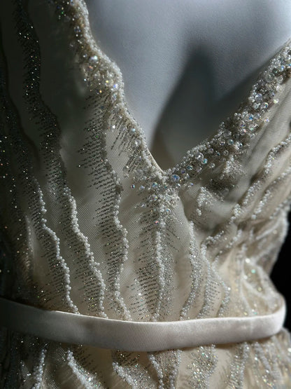 Vintage 90s Prom Dresses Mermaid V Neckline Champagne Sequined With Slit Beading Evening Dress Formal Outfits RB5878