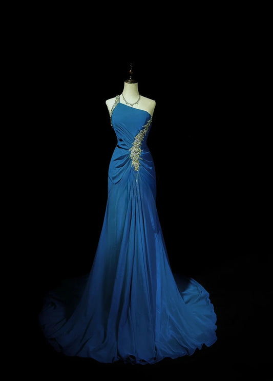Vintage 80s Prom Dresses Mermaid One Shoulder Royal Blue Chiffon With Open Backs Long Evening Dress Formal Outfits RB5879
