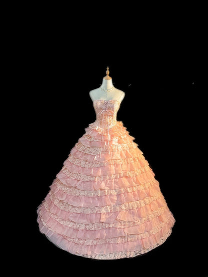 Princess Ball Gown Strapless Sleeveless Pink Tiered With Ruffles Flower Long Quinceanera Dress vestido de 15 de cenicienta RB3469
