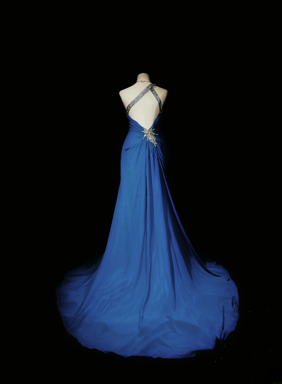 Vintage 80s Prom Dresses Mermaid One Shoulder Royal Blue Chiffon With Open Backs Long Evening Dress Formal Outfits RB5879