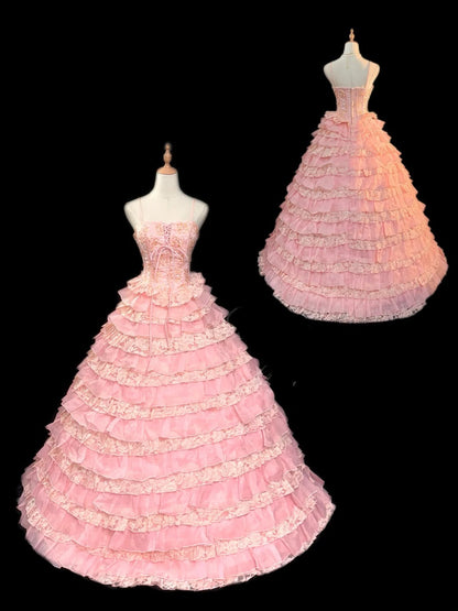 Princess Ball Gown Strapless Sleeveless Pink Tiered With Ruffles Flower Long Quinceanera Dress vestido de 15 de cenicienta RB3469