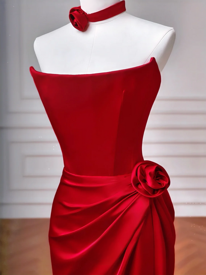 Cheap Mermaid Red Strapless With Pleated Sleeveless Long Formal Fancy Prom Evening Dress Dinner Outfits Party Gowns For Teens AQ074