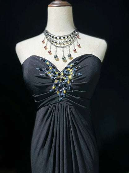 Vintage 70s Prom Dresses Mermaid Sweetheart Black Chiffon With Beading Evening Dress Formal Outfits RB5880