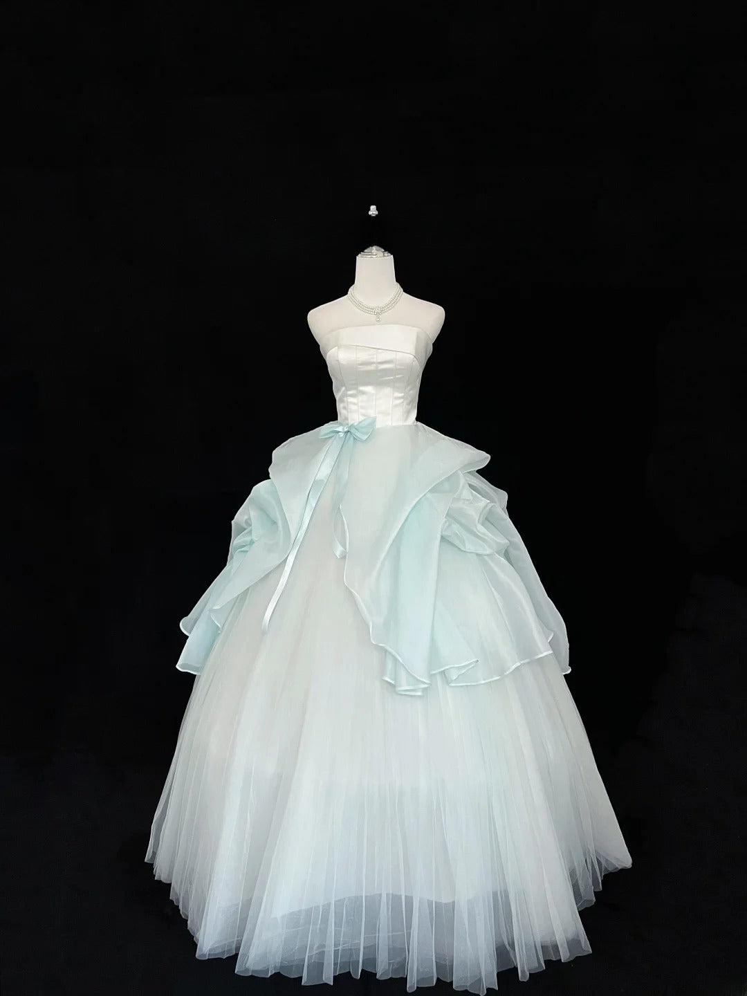Classy Ball Gown Strapless Blue Tulle With Bow Quince Dress Voluminous Sweet 16 Quinceanera Dresses Vestido de RB7445