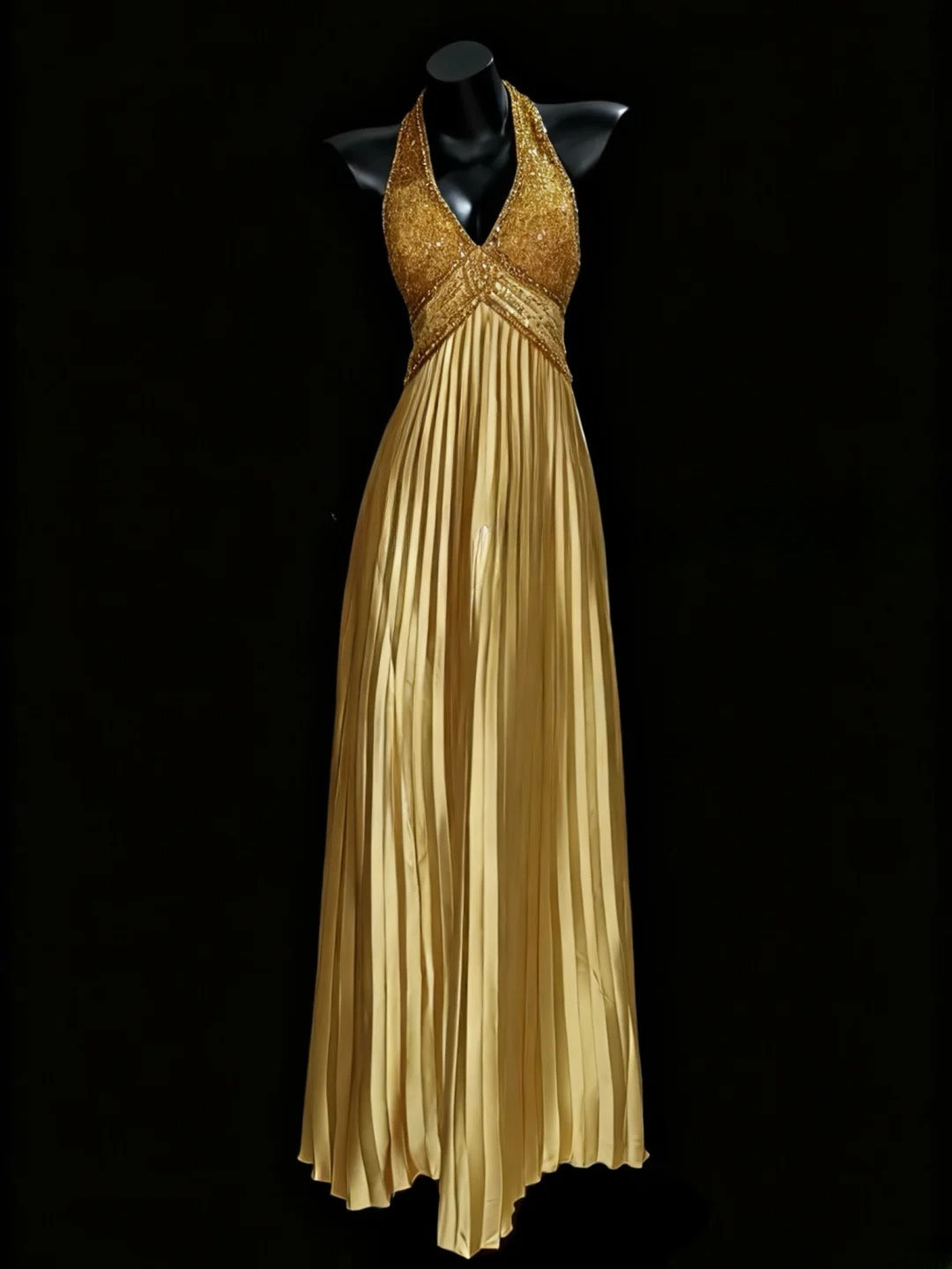 Vintage Prom Dresses A Line Halter Gold Satin Sleeveless With Gold Beading Long Evening Formal Outfits RB3471