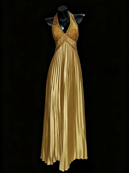 Vintage Prom Dresses A Line Halter Gold Satin Sleeveless With Gold Beading Long Evening Formal Outfits RB3471