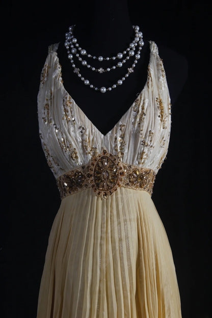 Cocktailkleid für Damen im 80er-Jahre-Stil, A-Linie, V-Ausschnitt, Chiffon, plissiert, mit Perlen, langes Kleid für Abschlussfeiern, Ballkleider AS075