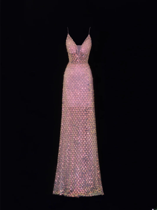 Classy Formal A Line Spaghetti Strap Pink Sequins Style Impress Long Prom Dresses Party Gowns SA076