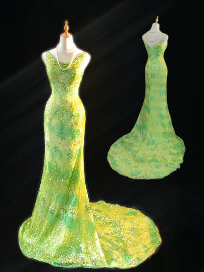 Robes de bal vintage Sirène Col bénitier Dentelle verte Sans manches Avec perles Longues tenues de soirée formelles RB3472