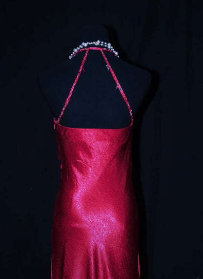 Robe de bal longue sans manches en satin rose fuchsia, style sirène, dos nu, AS077