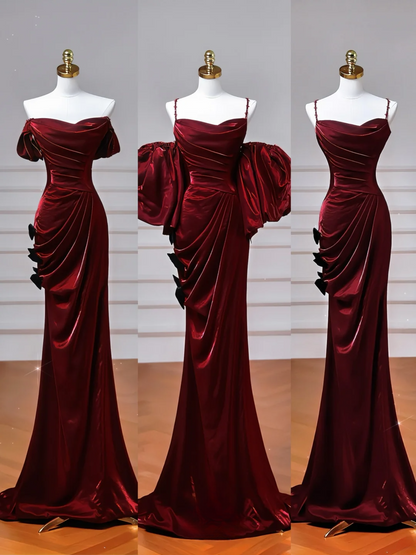Elegantes Meerjungfrauen-Kleid mit Spaghettiträgern, burgunderrot, mit langen Ärmeln, langes formelles Ballkleid, Abendkleid, Partykleid AQ077