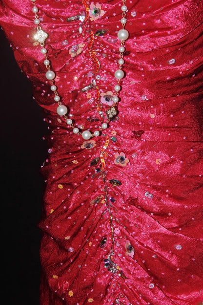 Robe de bal longue sans manches en satin rose fuchsia, style sirène, dos nu, AS077