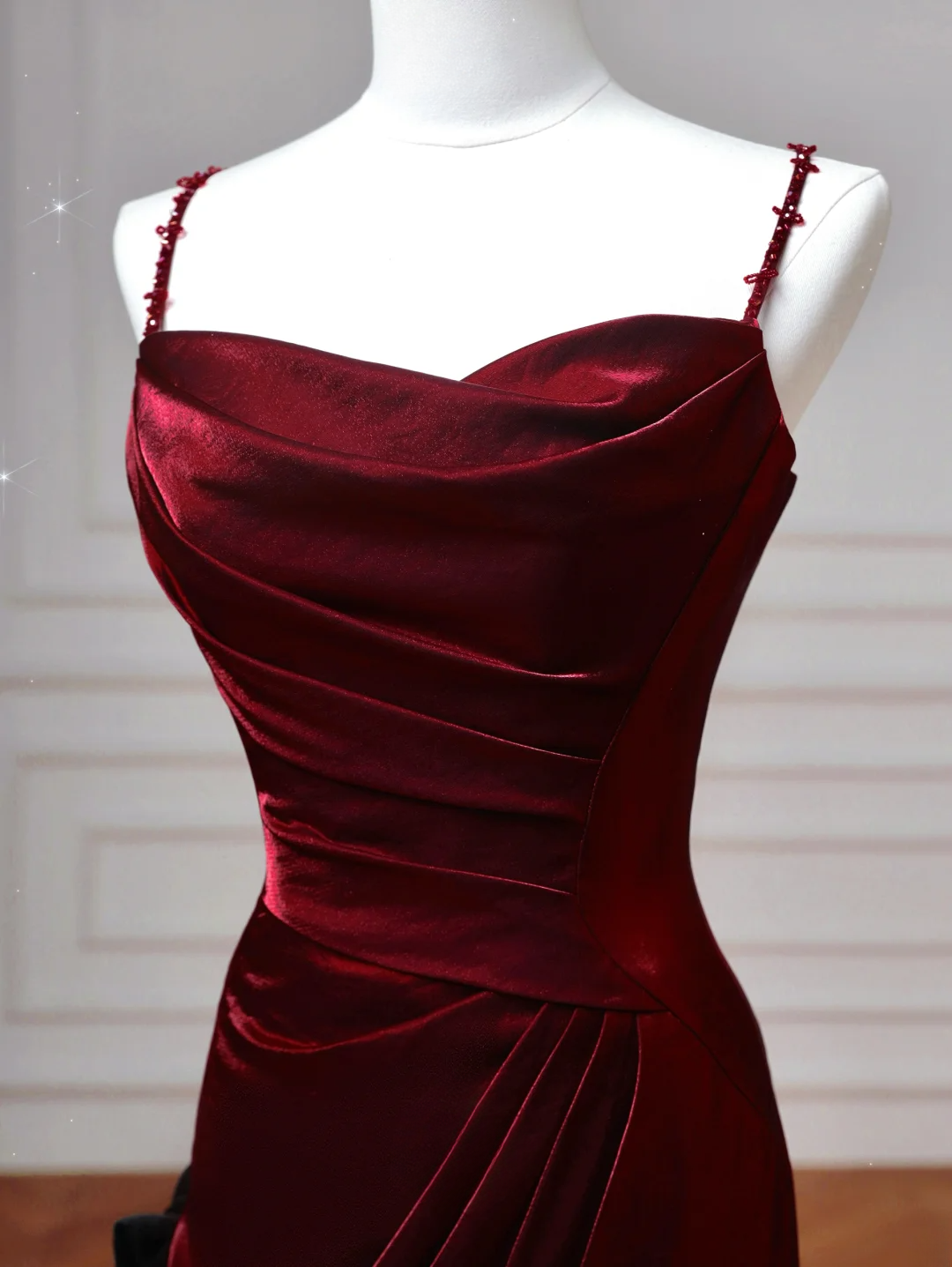 Elegantes Meerjungfrauen-Kleid mit Spaghettiträgern, burgunderrot, mit langen Ärmeln, langes formelles Ballkleid, Abendkleid, Partykleid AQ077