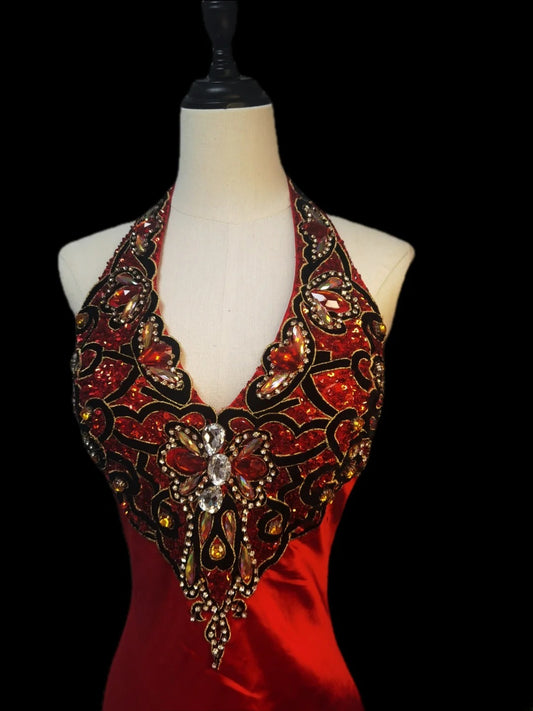 Modest A line Halter Red Satin With Beading Long Evening Dresses Inspo Senior Night Dance Prom Dress AS077