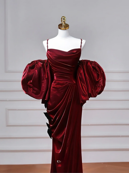 Elegantes Meerjungfrauen-Kleid mit Spaghettiträgern, burgunderrot, mit langen Ärmeln, langes formelles Ballkleid, Abendkleid, Partykleid AQ077