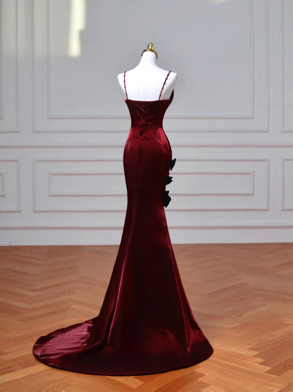 Elegantes Meerjungfrauen-Kleid mit Spaghettiträgern, burgunderrot, mit langen Ärmeln, langes formelles Ballkleid, Abendkleid, Partykleid AQ077