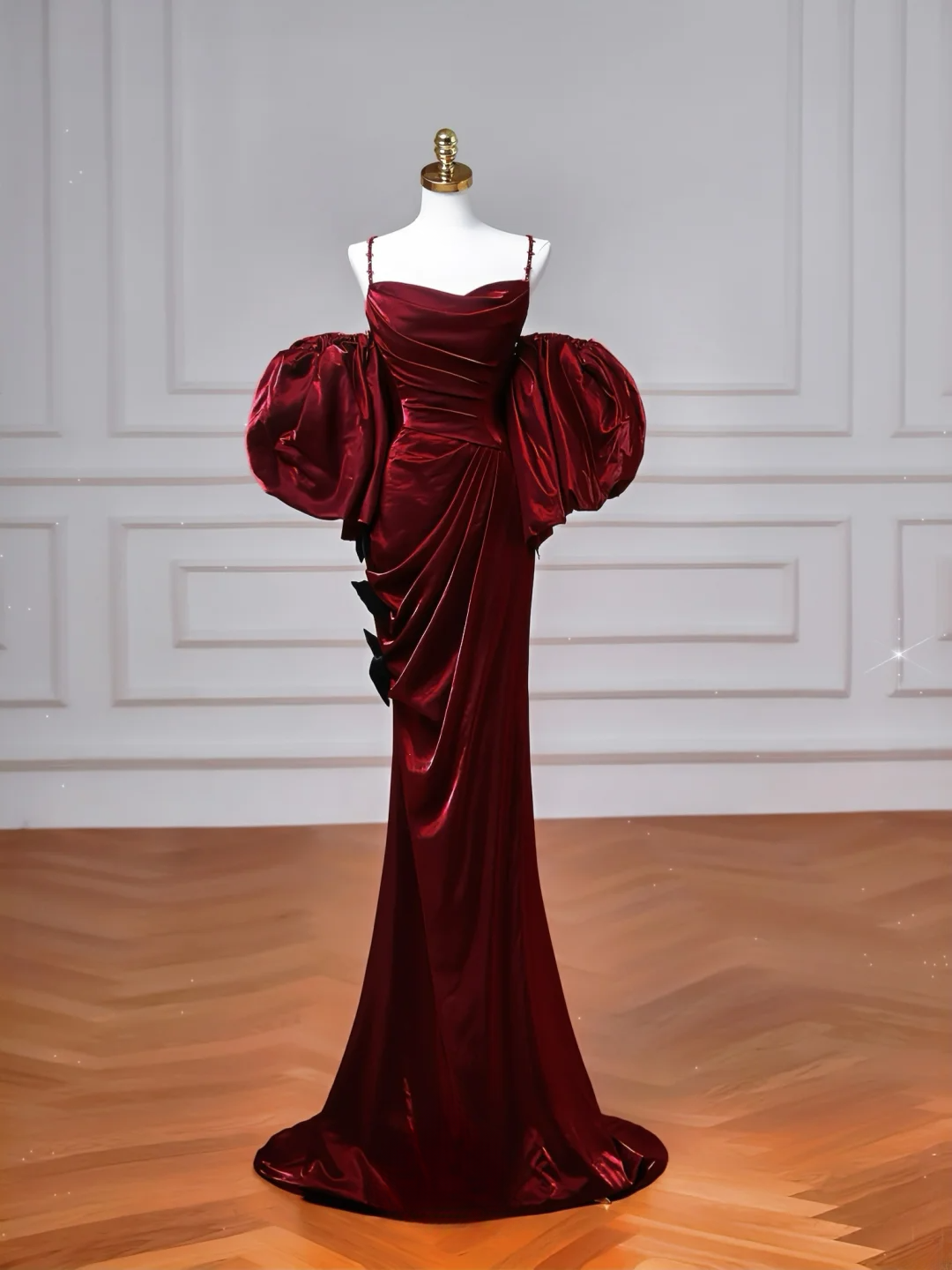 Elegantes Meerjungfrauen-Kleid mit Spaghettiträgern, burgunderrot, mit langen Ärmeln, langes formelles Ballkleid, Abendkleid, Partykleid AQ077