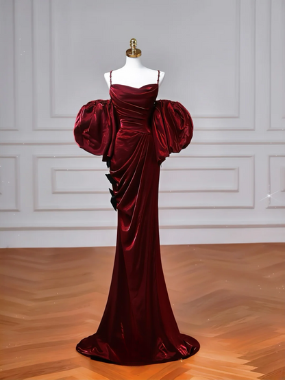 Elegantes Meerjungfrauen-Kleid mit Spaghettiträgern, burgunderrot, mit langen Ärmeln, langes formelles Ballkleid, Abendkleid, Partykleid AQ077