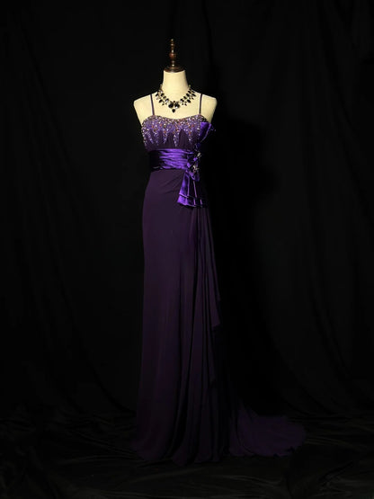 Vintage 70s Prom Dresses Mermaid Spaghetti Strap Purple Chiffon With Beaded Evening Dress Formal Outfits RB5886