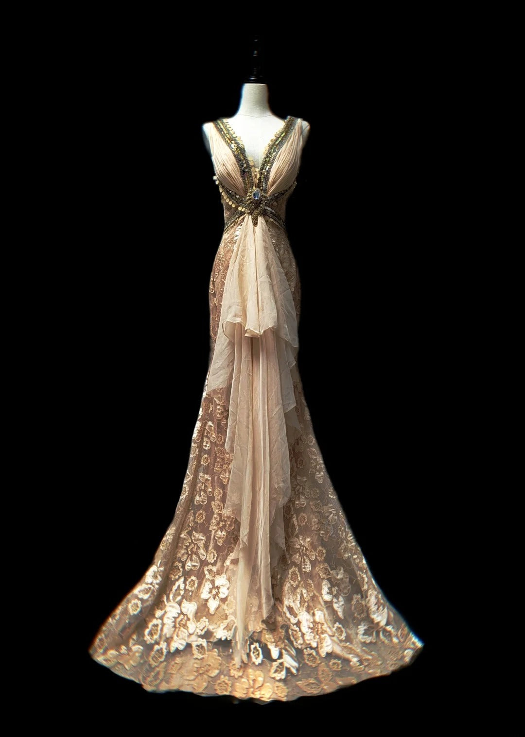 Vintage Meerjungfrauen-Abendkleid aus rosafarbenem Chiffon mit V-Ausschnitt, Perlenstickerei und Spitze, ärmellos, für Abschlussball oder andere festliche Anlässe AS079