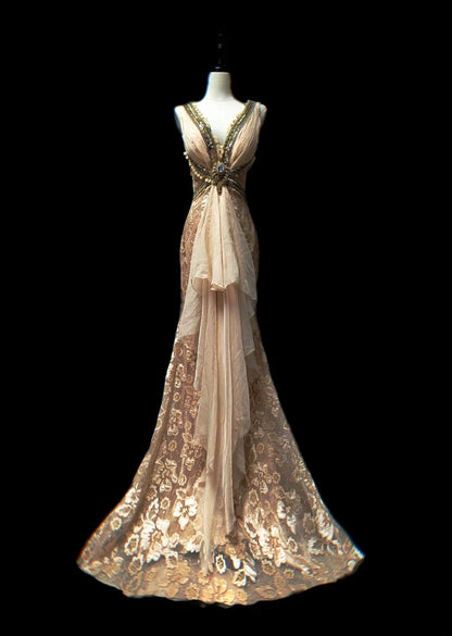 Vintage Meerjungfrauen-Abendkleid aus rosafarbenem Chiffon mit V-Ausschnitt, Perlenstickerei und Spitze, ärmellos, für Abschlussball oder andere festliche Anlässe AS079