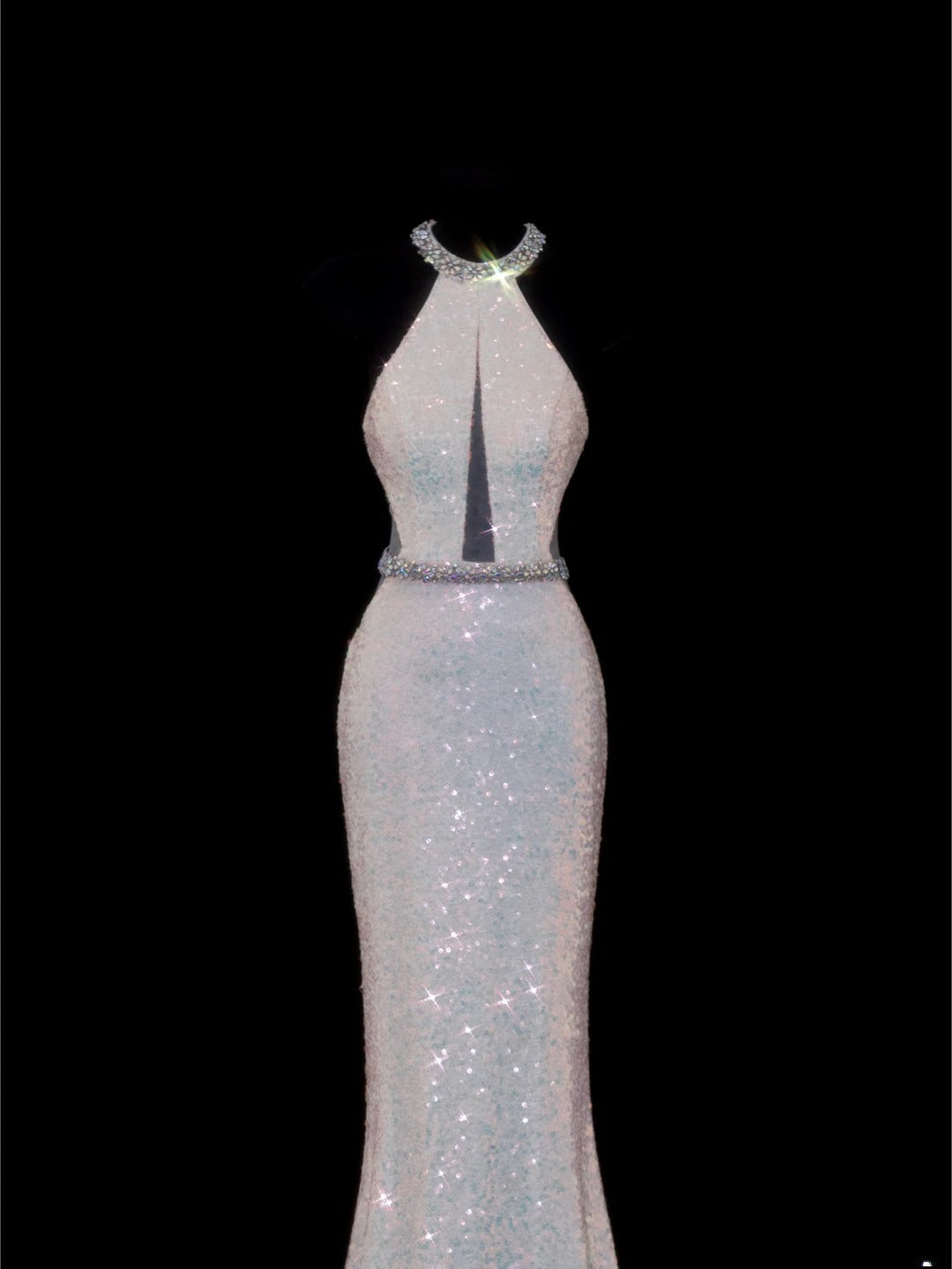 Classy Mermaid 1950s Formal High Neck White Sequins Style Impress Backless Long Prom Dresses Party Gowns SA079