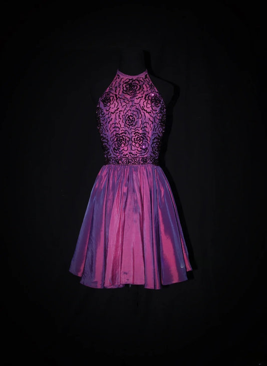 Cute Ball Gown Halter Grape Taffeta With Beads Short 18th Birthday Dress Homecoming Dresses Cocktail Gown AS079