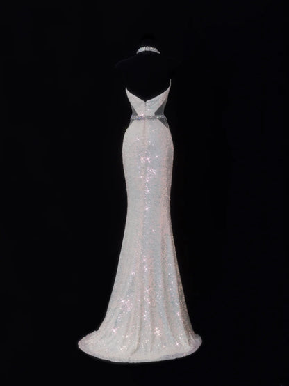 Classy Mermaid 1950s Formal High Neck White Sequins Style Impress Backless Long Prom Dresses Party Gowns SA079