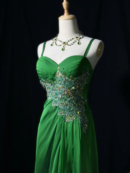 Vintage 80s Prom Dresses A line Spaghetti Strap Green Chiffon With Beading Long Evening Dress Formal Outfits RB5887