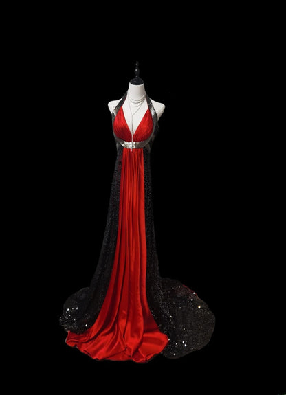 Robe de soirée longue rouge et noire sans manches, coupe trapèze, dos nu, style modeste. Inspiration pour bal de fin d'année AS081