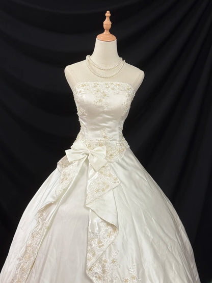 Princess Style Ball Gown Strapless Taffeta White With Lace Brides Gown Bridal Dress Long Wedding Dresses RB5780