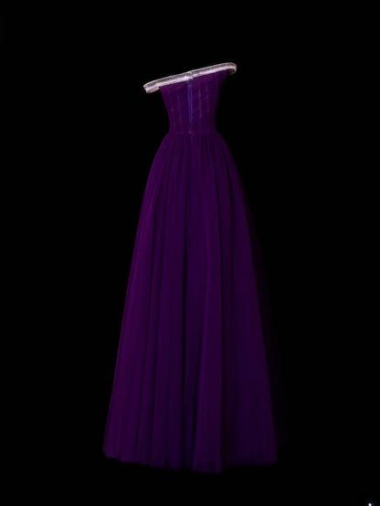 Classy A Line 1950s Formal One Shoulder Purple Tulle With Beads Pleated Style Impress Long Prom Dresses Party Gowns SA081