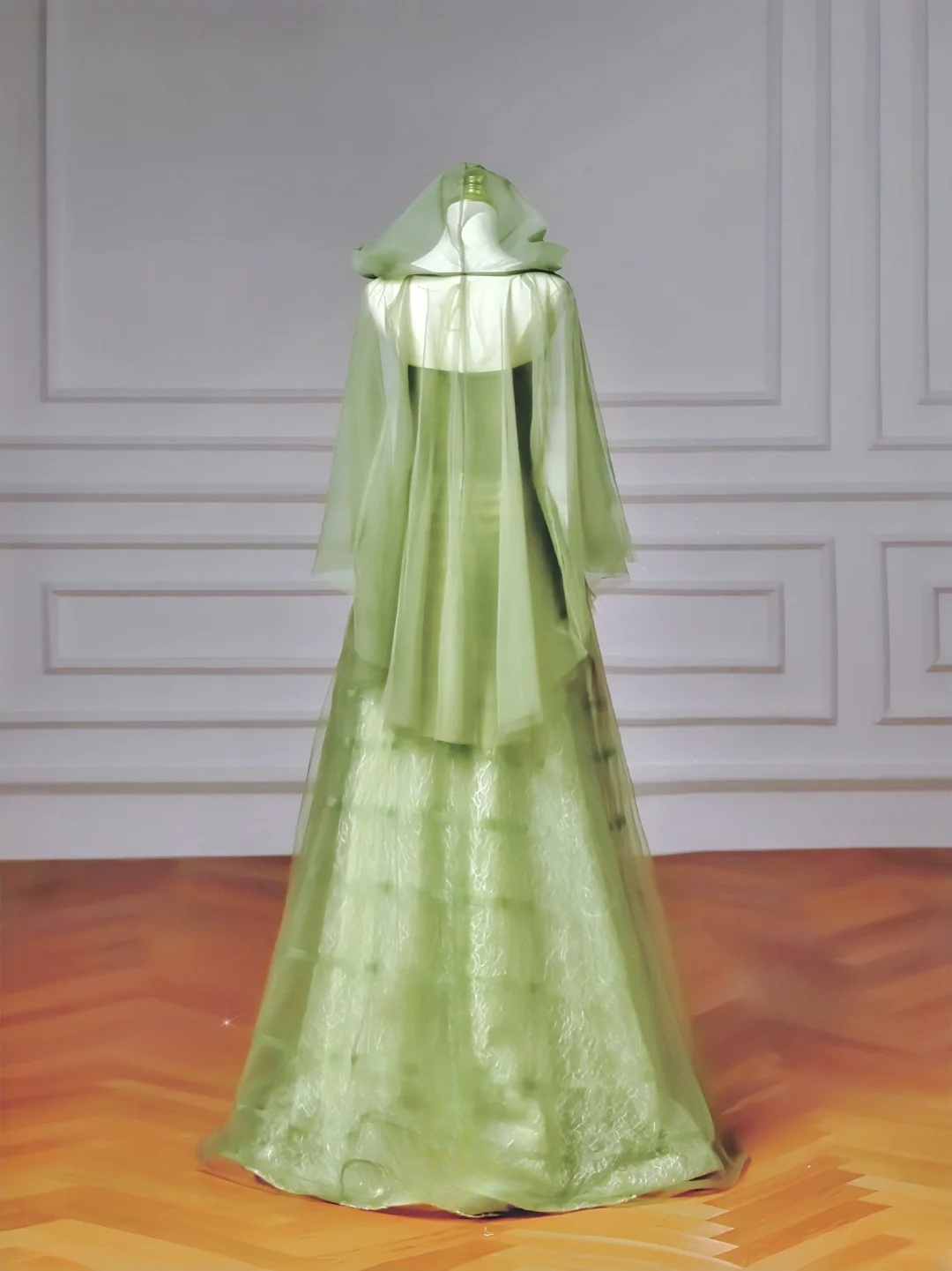 Märchenhaftes, trägerloses Ballkleid aus grünem Tüll mit Cape, langes, formelles, aufwendig besticktes Abendkleid mit Perlenbesatz, ideal für festliche Anlässe wie Abschlussball, Dinnerpartys und andere festliche Anlässe (AQ081)