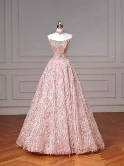 Märchenhaftes, trägerloses Ballkleid aus rosa Tüll mit Strasssteinen, langes, formelles, aufwendig besticktes Abendkleid mit Perlenbesatz, ideal für Abschlussball, Dinnerpartys und andere festliche Anlässe (AQ082)