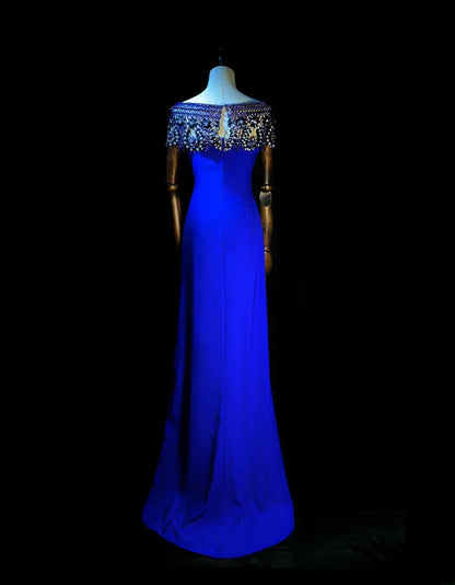 Vintage Prom Dresses Mermaid Off The Shoulder Royal Blue With Beading Crystals Long Evening Dress Formal Outfits RB5889
