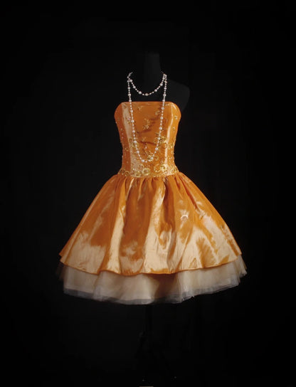 Cute Ball Gown Strapless Orange Taffeta With Beads Short 16th Birthday Dress Homecoming Dresses Cocktail Gown AS082