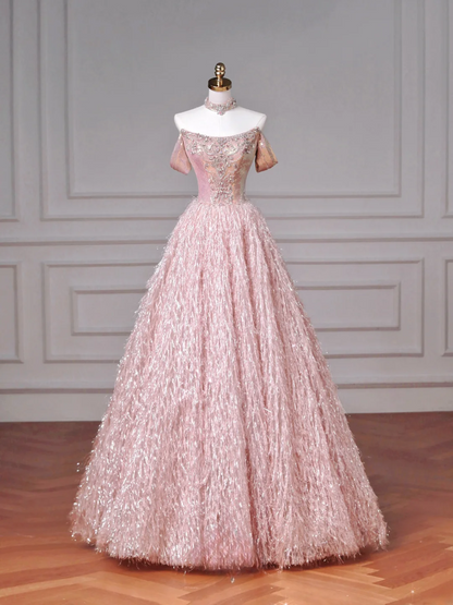 Märchenhaftes, trägerloses Ballkleid aus rosa Tüll mit Strasssteinen, langes, formelles, aufwendig besticktes Abendkleid mit Perlenbesatz, ideal für Abschlussball, Dinnerpartys und andere festliche Anlässe (AQ082)