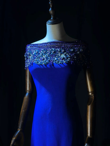 Vintage Prom Dresses Mermaid Off The Shoulder Royal Blue With Beading Crystals Long Evening Dress Formal Outfits RB5889