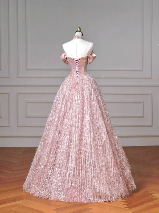 Fairy-tale Ball Gown Strapless Pink Tulle With Gems Long Formal Fancy Beaded Prom Evening Dress Dinner Outfits Party Gowns AQ082