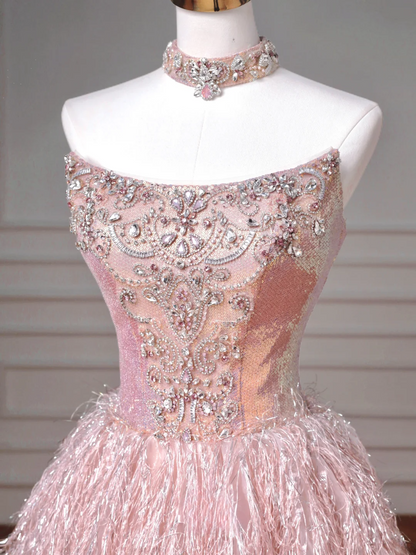 Märchenhaftes, trägerloses Ballkleid aus rosa Tüll mit Strasssteinen, langes, formelles, aufwendig besticktes Abendkleid mit Perlenbesatz, ideal für Abschlussball, Dinnerpartys und andere festliche Anlässe (AQ082)