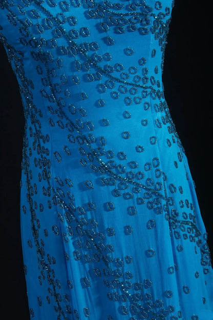 Vintage 1950s Formal Mermaid Spaghetti Strap Royal Blue Chiffon With Beads Sleeveless Long Prom Dresses Party Formal Gowns AS083