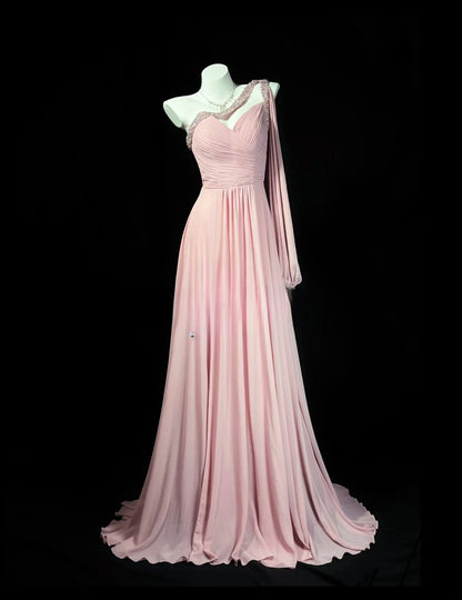 Vintage 80s Prom Dresses A line One Shoulder Pink Chiffon With Beading Long Evening Dress Formal Outfits RB5890