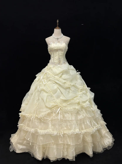 Vintage Ball Gown Strapless Cream Ivory Organza With Beading Lace Long Brides Gown Bridal Dress Wedding Dresses Style RB7454