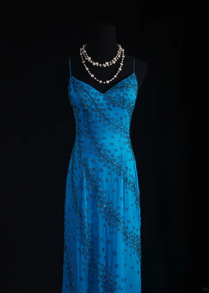 Vintage 1950s Formal Mermaid Spaghetti Strap Royal Blue Chiffon With Beads Sleeveless Long Prom Dresses Party Formal Gowns AS083