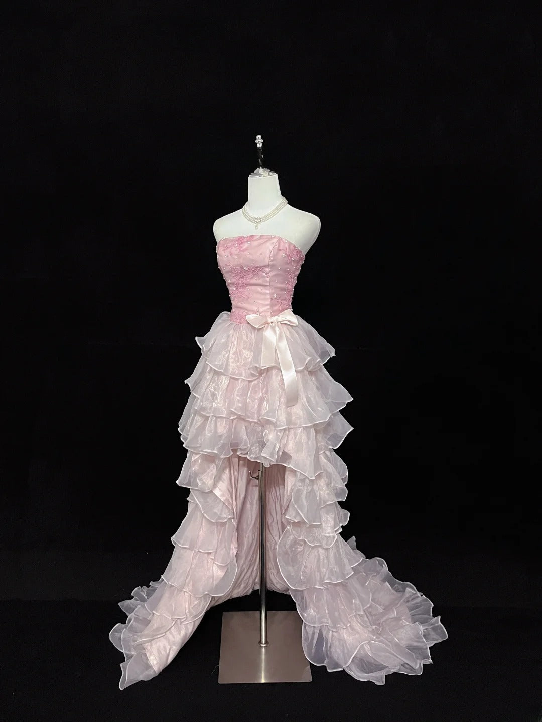 Vintage High Low Strapless Pink Chiffon With Tiered Layers Prom Dress Formal Dress Party Dresses RB7455