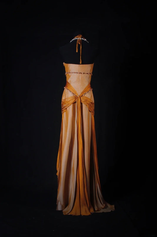 Vintage 1950s Formal A Line Halter Orange Pleated Chiffon With Beads Sleeveless Long Prom Dresses Party Formal Gowns AS085