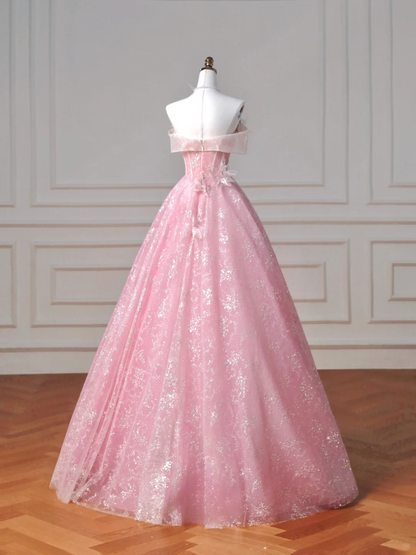 Robe de bal féérique bustier en tulle rose ornée de fleurs, longue, élégante et perlée, idéale pour un bal de promo ou une soirée. Tenue de soirée/dîner. Robe de fête AQ085