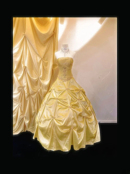Princess Ball Gown Strapless Yellow Sleeveless With Beading Long Quinceanera Dress vestido de 15 de cenicienta RB3478